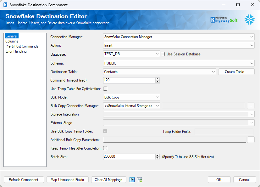 Snowflake Destination Editor General page showing Bulk Mode set to Bulk Copy and Bulk Copy Connection Manager set to Snowflake Internal Storage.